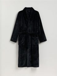 Szlafrok z paskiem - czarny. Czarne szlafroki męskie Reserved, l, bez wzorów, z dzianiny, bez ramiączek, bez kaptura. Za 169.99 zł.