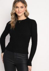 Czarny Dopasowany Sweter z Wełną i Ozdobnym Splotem Siomiso. Czarne swetry damskie Born2be, l, bez wzorów, z bawełny, eleganckie, bez kołnierzyka, bez ramiączek, bez kaptura. Za 74.99 zł.
