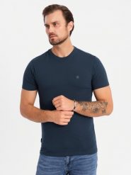 Koszulka męska SLIM FIT z okrągłym dekoltem i logotypem – granatowa V2 OM-TSCT-0220 - XXL. Niebieskie t-shirty męskie Ombre Clothing, l, bez wzorów, z bawełny, bez kołnierzyka. W wyprzedaży za 24.99 zł.