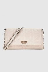 GUESS Beżowa torebka z funkcją portfela Assia Mini. Brązowe kopertówki damskie Guess, z aplikacjami, pikowane, bez dodatków. W wyprzedaży za 316.99 zł.