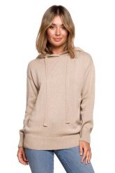 Sweter z Kapturem w Formie Bluzy - Beżowy. Brązowe bluzki damskie MOE, l, bez wzorów, z bawełny, z kapturem. Za 238.90 zł.