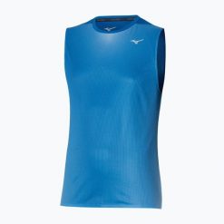 Koszulka do biegania męska Mizuno Aero Tank. Niebieskie koszulki sportowe męskie Mizuno, m, bez wzorów, z materiału, bez kołnierzyka, bez ramiączek, do biegania. Za 82.99 zł.
