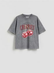 Bawełniany t-shirt oversize - ciemnoszary. Szare t-shirty damskie Reserved, l, bez wzorów, z bawełny, bez kołnierzyka. Za 59.99 zł.