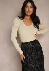 Jasnobeżowy Sweter z Wiskozą Ozdobiony Bufiastymi Rękawami i Metaliczną Nicią Sanarelle. Brązowe swetry damskie Renee, l, bez wzorów, z dzianiny, casualowe, bez kołnierzyka, bez ramiączek, bez kaptura. Za 99.99 zł.