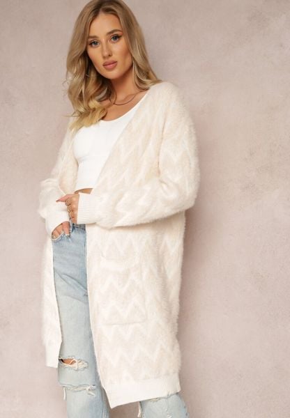 Jasnobeżowy Niezapinany Kardigan o Przedłużonym Fasonie w Zygzaki Chevron Oherna. Brązowe kardigany damskie Renee, bez wzorów, z tkaniny. Za 99.99 zł.