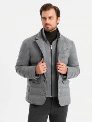 Kurtka męska o kroju marynarki z podpinką – szara V1 OM-JALP-0170 - XXL. Czarne kurtki męskie Ombre Clothing, l, bez wzorów, z materiału, eleganckie, bez kaptura. Za 209.99 zł.
