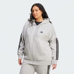 Bluza Essentials 3-Stripes Full-Zip Fleece Hoodie (Plus Size). Białe bluzy damskie Adidas, plus size, bez wzorów, z materiału, sportowe, bez kołnierzyka. Za 259.00 zł.