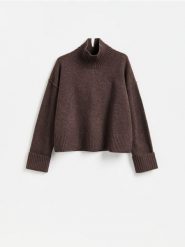 Wełniany sweter - ciemnobrązowy. Brązowe swetry damskie Reserved, l, bez wzorów, z dzianiny, bez kołnierzyka, bez ramiączek, bez kaptura. Za 259.99 zł.