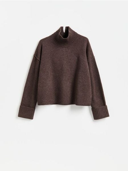 Wełniany sweter - ciemnobrązowy. Brązowe swetry damskie Reserved, l, bez wzorów, z dzianiny, bez kołnierzyka, bez ramiączek, bez kaptura. Za 259.99 zł.