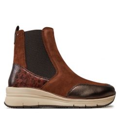 Botki Tamaris. Brązowe botki damskie Tamaris, bez obcasa, na koturnie, bez zapięcia. Za 319.99 zł.