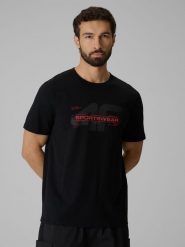 4F T-shirt regular z nadrukiem męski - czarny L. Czarne t-shirty męskie 4f, l, bez wzorów, z bawełny, biznesowe, bez kołnierzyka. Za 69.99 zł.