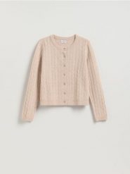 Wełniany kardigan - beżowy. Brązowe kardigany damskie Reserved, l, bez wzorów, z wełny. Za 219.99 zł.