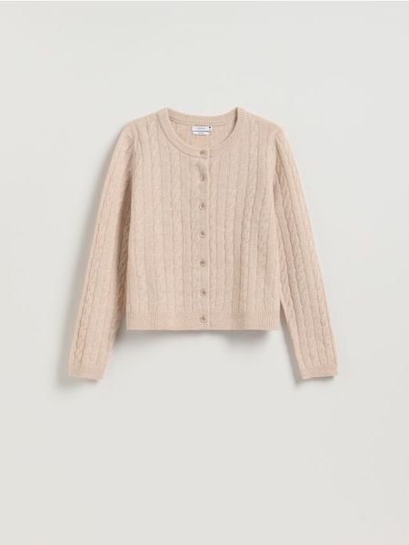 Wełniany kardigan - beżowy. Brązowe kardigany damskie Reserved, l, bez wzorów, z wełny. Za 219.99 zł.