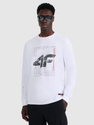 4F Longsleeve regular z nadrukiem męski - biały M. Białe bluzki z długim rękawem męskie 4f, m, bez wzorów, z materiału, bez kołnierzyka. Za 99.99 zł.