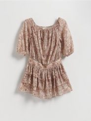 Połyskująca sukienka mini - wielobarwny. Sukienki damskie Reserved, l, bez wzorów, z tkaniny, bez kołnierzyka, bez ramiączek, mini, rozkloszowane. Za 159.99 zł.