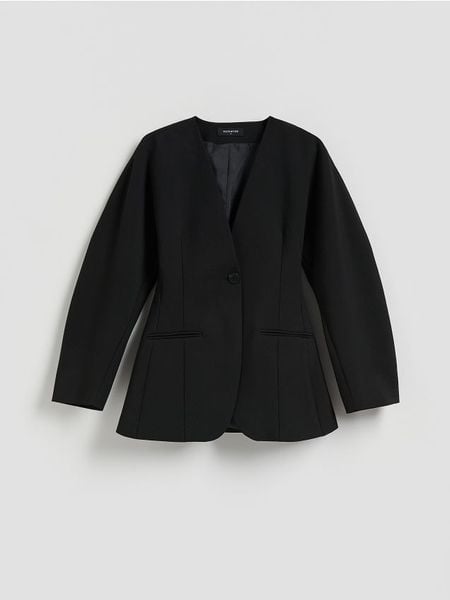 Jednorzędowa marynarka - czarny. Czarne żakiety damskie Reserved, bez wzorów, z tkaniny. Za 259.99 zł.
