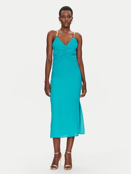 Simona Corsellini Sukienka letnia P25CPAB05601 Turkusowy Regular Fit. Niebieskie sukienki damskie SIMONA CORSELLINI, na lato, bez wzorów, z wiskozy, bez kołnierzyka, bez ramiączek. Za 759.99 zł.