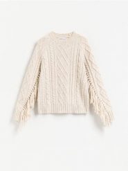 Sweter z frędzlami - beżowy. Brązowe swetry damskie Reserved, l, bez wzorów, z dzianiny, bez kołnierzyka, bez ramiączek, bez kaptura. Za 179.99 zł.