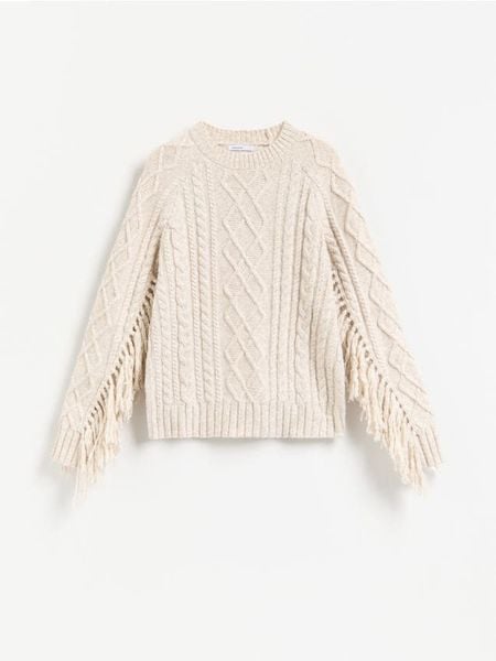 Sweter z frędzlami - beżowy. Brązowe swetry damskie Reserved, l, bez wzorów, z dzianiny, bez kołnierzyka, bez ramiączek, bez kaptura. Za 179.99 zł.