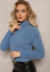 Granatowy Golf z Puchatego Materiału z Wełną i Długim Rękawem Geolla. Niebieskie swetry damskie Renee, na jesień, bez wzorów, z wełny, bez kołnierzyka, bez ramiączek, długie, bez kaptura. Za 44.99 zł.