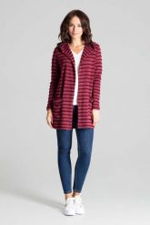 Bordowy Niezapinany Sweter w Paski z Kapturem. Czerwone kardigany damskie Katrus, m, bez wzorów, z elastanu, bez kołnierzyka, bez ramiączek, z kapturem. Za 219.00 zł.