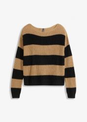Sweter w paski. Brązowe swetry damskie bonprix, bez wzorów, bez kołnierzyka, bez ramiączek, bez kaptura. Za 89.99 zł.