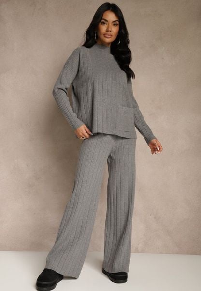 Szary Komplet Dzianinowy Spodnie o Szerokim Kroju i Sweter Półgolf Datusa. Szare spodnie materiałowe damskie Renee, l, bez wzorów, z dzianiny, eleganckie, bez kołnierzyka, bez ramiączek, bez kaptura. Za 139.99 zł.