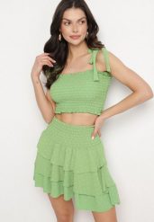 Zielony Komplet Elastyczny Top z Wiązanymi Ramiączkami i Rozkloszowana Spódnica Evialia. Zielone spódnice damskie Born2be, m, bez wzorów, eleganckie, rozkloszowane. Za 64.99 zł.