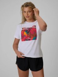 T-shirt regular z nadrukiem damski 4F 4FRSS26TTSHF4514. Białe t-shirty damskie 4f, xs, bez wzorów, z bawełny, klasyczne, bez kołnierzyka. Za 45.99 zł.
