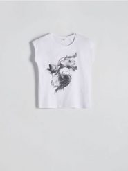 T-shirt z nadrukiem - biały. Białe t-shirty damskie Reserved, l, bez wzorów, z bawełny, bez kołnierzyka. W wyprzedaży za 19.99 zł.