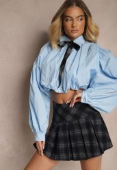 Niebieska Bufiasta Koszula z Bawełny w Stylu Retro z Ozdobną Kokardą Frulla. Niebieskie bluzki damskie Renee, bez wzorów, z bawełny, retro, bez kołnierzyka, bez ramiączek. Za 99.99 zł.