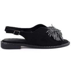 Sandały damskie zabudowane z cekinami czarne Potocki 43349. Czarne klapki damskie POTOCKI, bez wzorów, z tkaniny, bez obcasa. Za 149.99 zł.