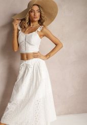 Biały Boho Komplet Top Koronkowy na Ramiączkach Spódnica z Gumką w Pasie Evoolia. Białe spódnice damskie Renee, na lato, l, bez wzorów, z koronki, boho, dopasowane. Za 99.99 zł.