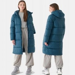 PŁASZCZ DAMSKI 4F KURTKA PUCHOWA DŁUGA Z KAPTUREM. Kurtki damskie 4f, l, bez wzorów, z puchu, z kapturem. Za 499.99 zł.