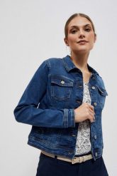 Kurtka jeansowa z kieszeniami niebieska. Niebieskie kurtki damskie MOODO, bez wzorów, z bawełny, bez kaptura. W wyprzedaży za 67.99 zł.
