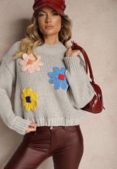 Jasnoszary Sweter z Wiskozą i Kwiatowym Motywem Labrienna. Szare swetry damskie Renee, l, z aplikacjami, z wiskozy, casualowe, bez kołnierzyka, bez ramiączek, długie, bez kaptura. Za 99.99 zł.