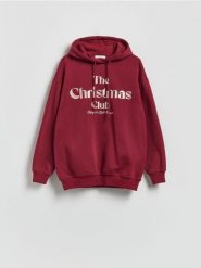 Bluza ze świątcznym napisem - bordowy. Czerwone bluzy damskie Reserved, l, bez wzorów, z bawełny, bez kaptura. Za 119.99 zł.