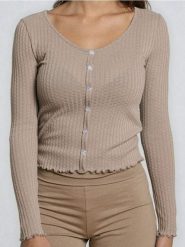 Prążkowana bluzka z dekoltem V - beżowy. Brązowe bluzki damskie Sinsay, l, bez wzorów, prążkowane, bez kołnierzyka, bez ramiączek. Za 39.99 zł.