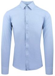 Męska Koszula z Dzianinowej Tkaniny - Krój Taliowany - Błękit. Niebieskie koszule męskie Pazzani, m, bez wzorów, z bawełny, eleganckie, bez kołnierzyka, bez ramiączek. Za 199.00 zł.