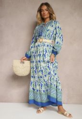 Niebiesko-Zielona Rozkloszowana Sukienka w Ornamentalny Wzór Zdobiona Wiązaniem z Frędzlami Ridira. Niebieskie sukienki damskie Renee, na co dzień, l, z aplikacjami, eleganckie, bez kołnierzyka, bez ramiączek, midi, proste. Za 129.99 zł.