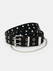 Parciany pasek z metalową klamrą i oczkami - czarny. Czarne paski damskie Sinsay, bez wzorów. Za 19.99 zł.