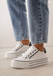 Biało-Czarne Klasyczne Trampki na Grubej Podeszwie Araenes. Białe obuwie sportowe damskie Born2be, bez wzorów, z jeansu. Za 79.99 zł.