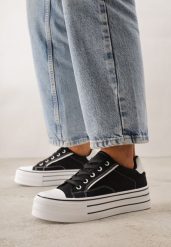 Czarne Klasyczne Trampki na Grubej Podeszwie Araenes. Czarne obuwie sportowe damskie Born2be, bez wzorów, z jeansu, klasyczne, bez zapięcia. Za 74.99 zł.