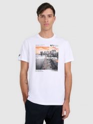 4F T-shirt regular z nadrukiem męski - biały XXL. Białe t-shirty męskie 4f, m, bez wzorów, z bawełny, bez kołnierzyka. W wyprzedaży za 59.99 zł.