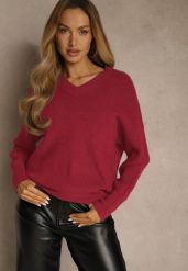 Bordowy Sweter z Dodatkiem Kaszmiru i Trójkątnym Dekoltem Silefera. Czerwone swetry damskie Renee, bez wzorów, z jeansu, casualowe, bez kołnierzyka, bez ramiączek, bez kaptura. Za 99.99 zł.