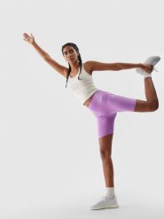 4F Legginsy kolarki treningowe z materiału z recyklingu damskie - fioletowe S. Fioletowe legginsy damskie 4f, l, bez wzorów, z dzianiny, z podwyższonym stanem, do biegania. Za 39.99 zł.