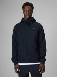 4F Bluza dresowa regular z kapturem męska - granatowa XL. Niebieskie bluzy męskie 4f, m, bez wzorów, z dresówki, z kapturem, na fitness i siłownię. Za 169.99 zł.
