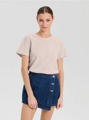 Bawełniana koszulka basic - beżowy. Brązowe t-shirty damskie Sinsay, l, bez wzorów, z bawełny, bez kołnierzyka. Za 9.99 zł.
