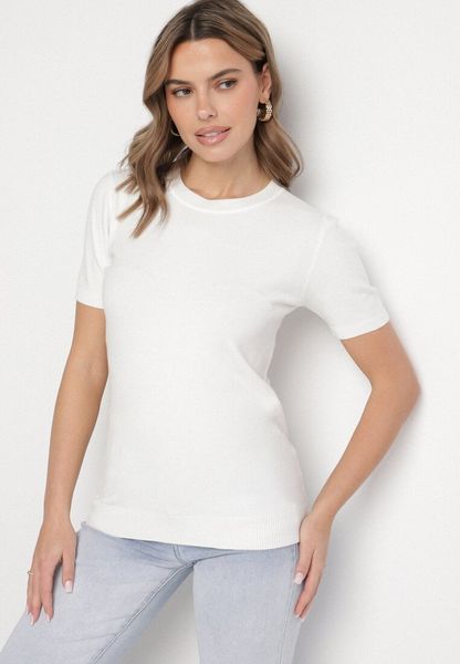 Biały Sweter z Ozdobnymi Ściągaczami Sanarella. Białe bluzki damskie Born2be, uniwersalny, z aplikacjami, z jeansu, eleganckie, bez kołnierzyka, bez ramiączek, bez kaptura. Za 59.99 zł.