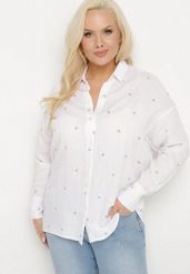 Biała Bawełniana Koszula z Ozdobnym Haftem Edivielis. Białe bluzki damskie Born2be, xl, bez wzorów, z bawełny, eleganckie, bez kołnierzyka, bez ramiączek. Za 99.99 zł.